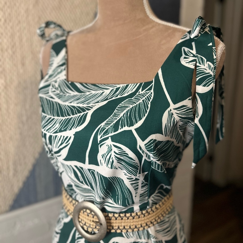 Teal Leaf-Print Tie-Strap Mini Dress - Picture 5 of 12